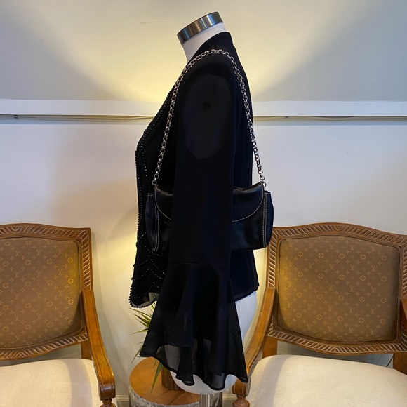 Vintage 1980s Elegant Gothic Black Beaded Women's Top Sheer Bell Sleeves, Size M - Picture 3 of 10